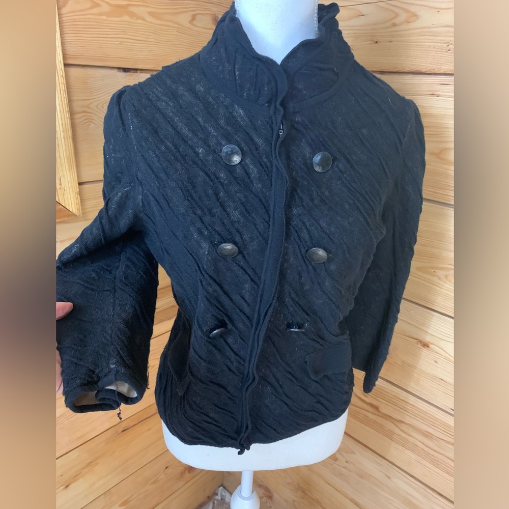 Classiques Entier Black Textured Pea Coat 20” p2p 3/4 Sleeve Lined Metal Buttons